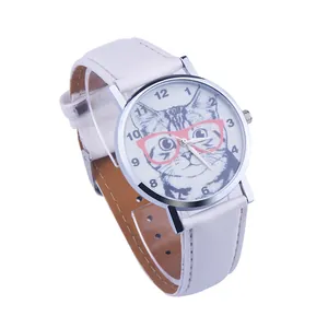 Detail of white leather strap watch with cute cat illustration and pink glasses on dial
