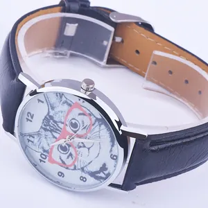 Detailed close-up of a fashion quartz watch featuring a cute cat with pink glasses