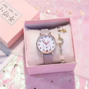 Cute Cartoon Rabbit Girl Quartz Watch Student Simple Mori Style Wristwatch And Star Moon Jewelry Bracelet Gift Box Jewelry