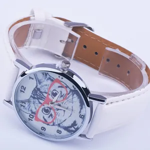 Detailed macro view of white leather watch strap with stitching and cat face dial