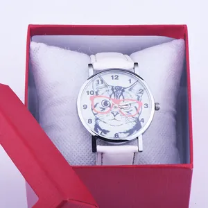 Cute cat face watch with red glasses in a red gift box with white cushion display