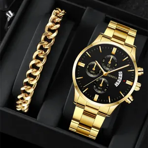 Men Business Fashion Quartz Watch And Bracelet Combo Calendar Multi Dial Alloy Steel Strap Wristwatch Gift For Men
