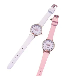 Cute cartoon bunny girl watch with leather strap and rose gold case in white and pink