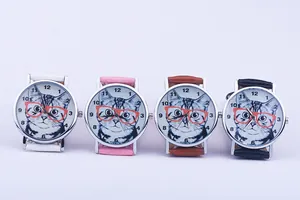 Detailed view of four colorful cat-themed quartz watches with leather straps and silver cases