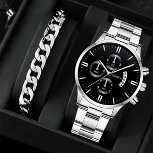 Classic silver steel men's watch and Cuban chain bracelet set with black dial
