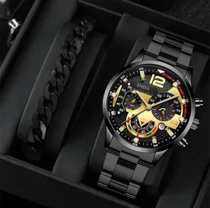 Men's black steel quartz watch and Cuban chain bracelet business set in a gift box