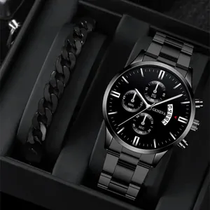 Classic all-black men's business watch set with a steel band and matching Cuban bracelet