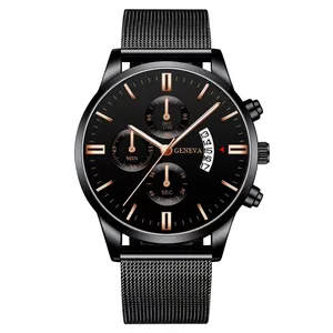 Detail of black mesh band watch featuring triple sub-dials and date window displays