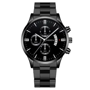 Geneva men's black stainless steel business watch with calendar and chronograph display