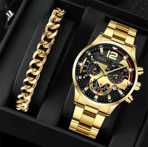 Fashion Business Men's Watch and Cuban Link Bracelet Accessory Set Stainless Steel Band Quartz Calendar Wristwatch Jewelry Gift