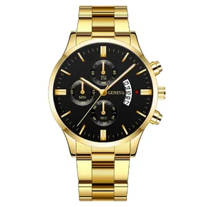 Close-up of gold stainless steel watch band with black dial and calendar display window