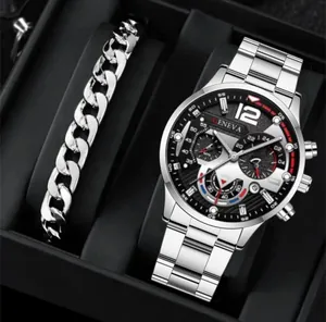 Silver stainless steel business watch set with black dial and cuban chain bracelet in a box