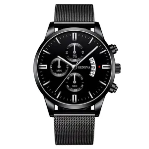 Detail of all-black men's watch featuring a Milanese mesh strap and three-eye calendar dial
