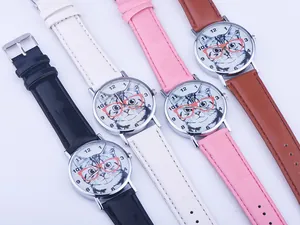 Detail view of colorful cat dial quartz watches with leather straps in four colors