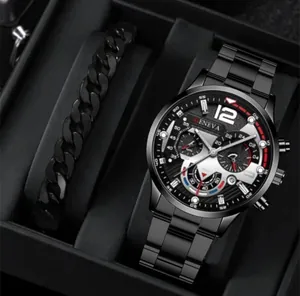 Detailed view of luxury men's black steel watch and matching cuban link bracelet set