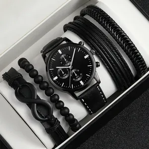 Herren Business Quarzuhr Und Geflochtenes Armband Legierungsgehäuse PU Lederarmband Edelstahl Mesh Band Unendlichkeit Feder Charm Schmuck Für Männer