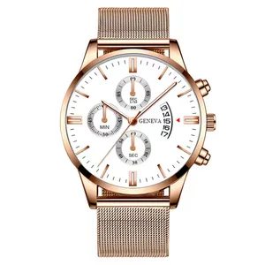 Rose gold men's quartz watch with white dial, calendar window and mesh strap