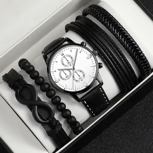 Herren-Uhrenset mit schwarzer Lederuhr und vier stilvollen geflochtenen Armbändern im Set