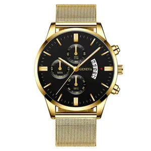 Detail of Geneva men's watch featuring a black dial and golden mesh band with date display
