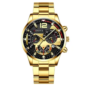 Detail of Geneva gold stainless steel watch featuring a black dial and chronograph sub-dials