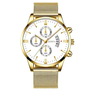 Men's business quartz watch with gold mesh strap, white dial, calendar and date display