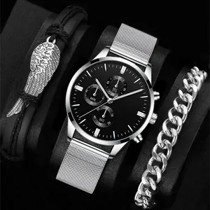 Herren-Mode-Set mit Quarzuhr, schwarzem Lederarmband und kubanischer Gliederkette