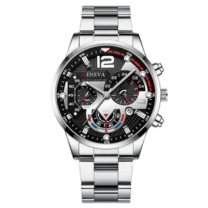 Detailed close-up of Geneva men's steel watch with black dial and chronograph sub-dials
