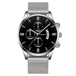 Geneva men business watch with black dial, silver mesh strap, and calendar feature