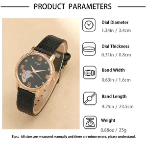 Detail of women's quartz watch with black butterfly dial and rose gold metal casing