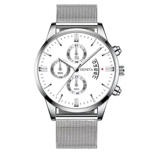 Geneva men's silver stainless steel mesh watch with white dial and calendar date