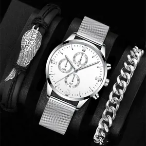 Herren-Uhrenset mit Lederarmband mit Federanhänger und silberner Gliederkette