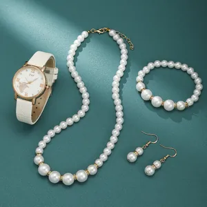Women's 5-piece set with pearl jewelry and elegant white leather strap quartz watch