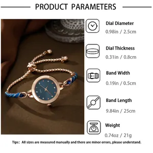 Detailed view of rose gold quartz watch specifications with dial parameter dimensions