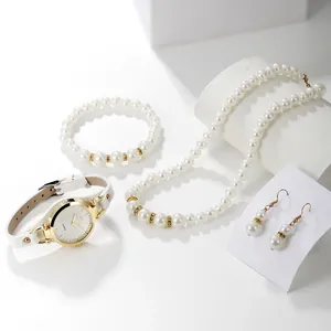 Women's quartz watch with pearl necklace, bracelet and earrings jewelry set in white and gold