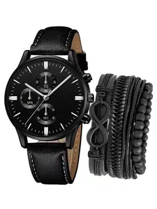 Details des schwarzen Lederarmbands mit weißen Nähten und mehrlagigen Lederarmbändern