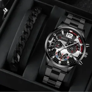 Fashion business men's Geneva watch and black Cuban chain bracelet luxury set