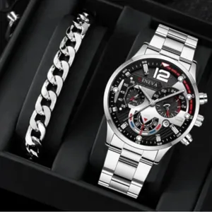 Men's silver steel business watch with black dial and matching curb chain bracelet set