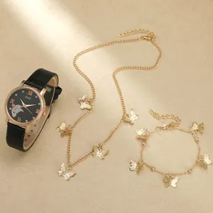 Elegant women's black leather watch set with golden butterfly necklace and bracelet