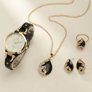 Women's quartz watch and black gemstone jewelry set with gold necklace and ring