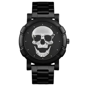 Coole mattschwarze Herrenuhr mit 3D-Silberschädel-Zifferblatt und Metallarmband