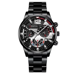 Fashionable men's matte black steel watch with chronograph dial and metal link bracelet