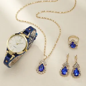 Women Fashion Punk Quartz Watch With Faux Leather Strap Alloy Rhinestone Necklace Pearl Earrings Ring Jewelry Accessories Gift