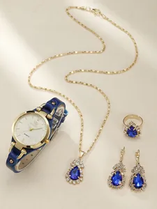 Elegant four-piece jewelry set with blue leather strap quartz watch and blue sapphire stones