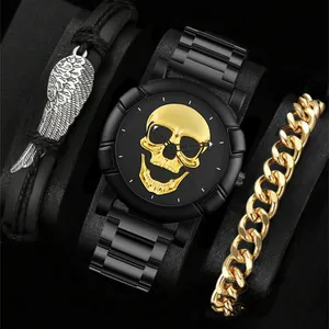 Herren Coole Totenkopf Zifferblatt Mode Quarz Armbanduhr Dunkle Gothik Punk 3D Relief Totenkopf Legierung Gehäuse PU Leder Metall Armband Uhr