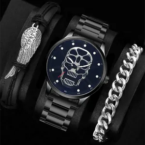 Coole Totenkopf-Uhr für Herren mit schwarzem Stahlarmband und Federarmband Set