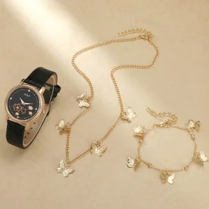 Elegante dames horlogeset met zwart leren bandje en gouden vlinder sieraden