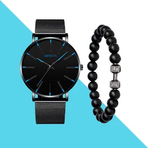 GENEVA Herren Quarzuhr Minimalistische Blaue Nadel Business Mesh Band Uhr Mit Perlen Hantel Armband Schmuck