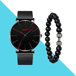 Herrenuhr von Geneva in Schwarz mit roten Markierungen und einem Hantel-Perlenarmband
