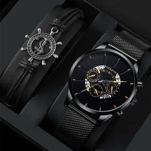 Coffret montre quartz homme à bracelet maille et bracelet en cuir à gouvernail nautique