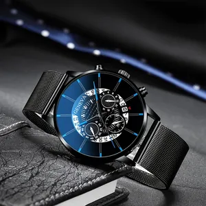 Montre à quartz pour hommes avec bracelet en maille noire et cadran à index bleu